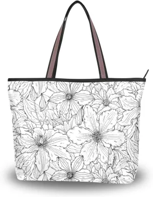Fashion Tote Bag for Women Shoulder Handbags Top Handle Satchel Bags with Zipper Black and White Flower Pattern 1 （L）