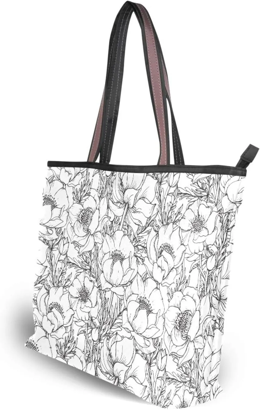 Fashion Tote Bag for Women Shoulder Handbags Top Handle Satchel Bags with Zipper Black and White Flower Pattern 1 （L）