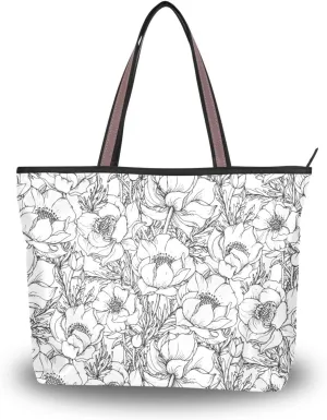 Fashion Tote Bag for Women Shoulder Handbags Top Handle Satchel Bags with Zipper Black and White Flower Pattern 1 （L）