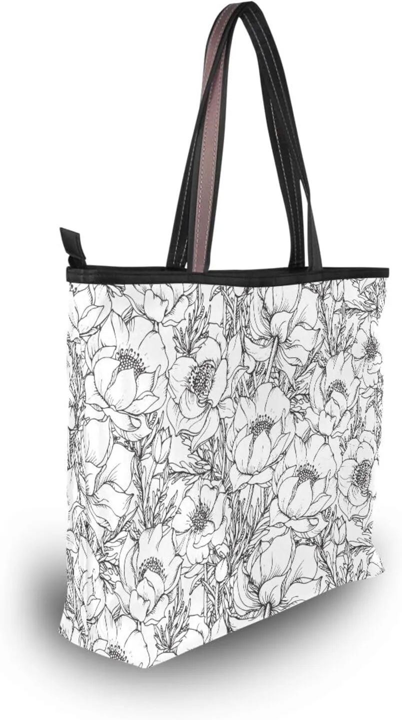 Fashion Tote Bag for Women Shoulder Handbags Top Handle Satchel Bags with Zipper Black and White Flower Pattern 1 （L）
