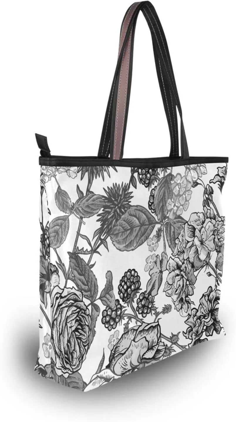 Fashion Tote Bag for Women Shoulder Handbags Top Handle Satchel Bags with Zipper Black and White Flower Pattern 1 （L）