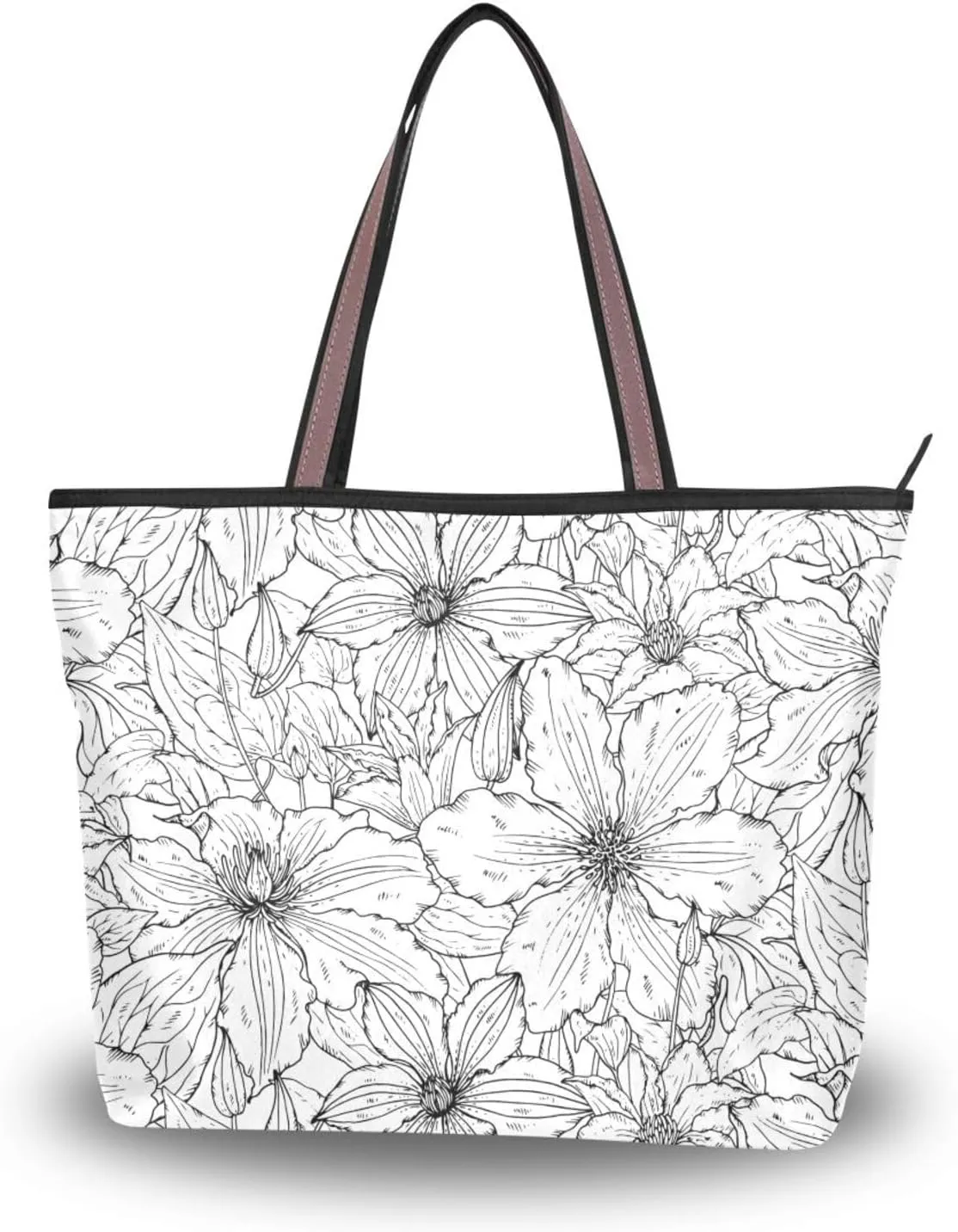 Fashion Tote Bag for Women Shoulder Handbags Top Handle Satchel Bags with Zipper Black and White Flower Pattern 1 （L）