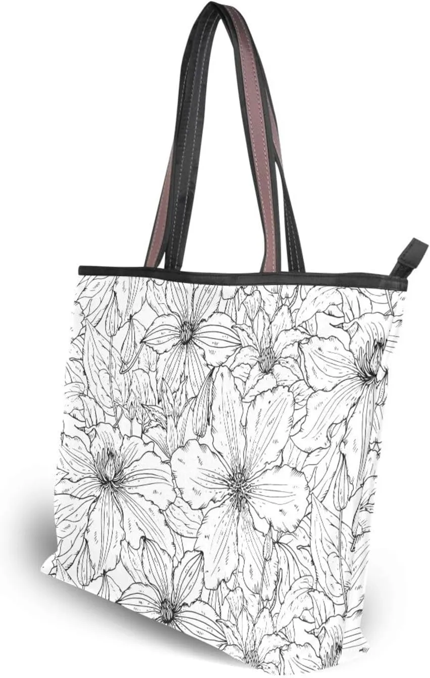 Fashion Tote Bag for Women Shoulder Handbags Top Handle Satchel Bags with Zipper Black and White Flower Pattern 1 （L）