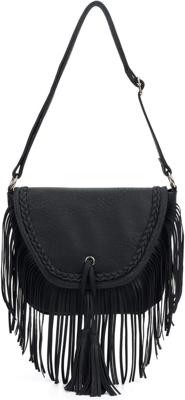 Faux Leather Bohemian Style Fringe Shoulder Handbag Crossbody Bag