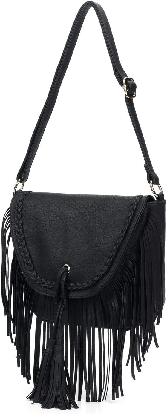 Faux Leather Bohemian Style Fringe Shoulder Handbag Crossbody Bag