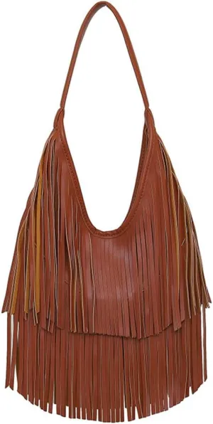 Faux Leather Fringed Hobo Bag Medium Slouchy Shoulder Handbag for Women