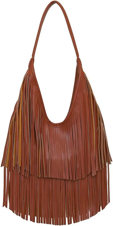 Faux Leather Fringed Hobo Bag Medium Slouchy Shoulder Handbag for Women