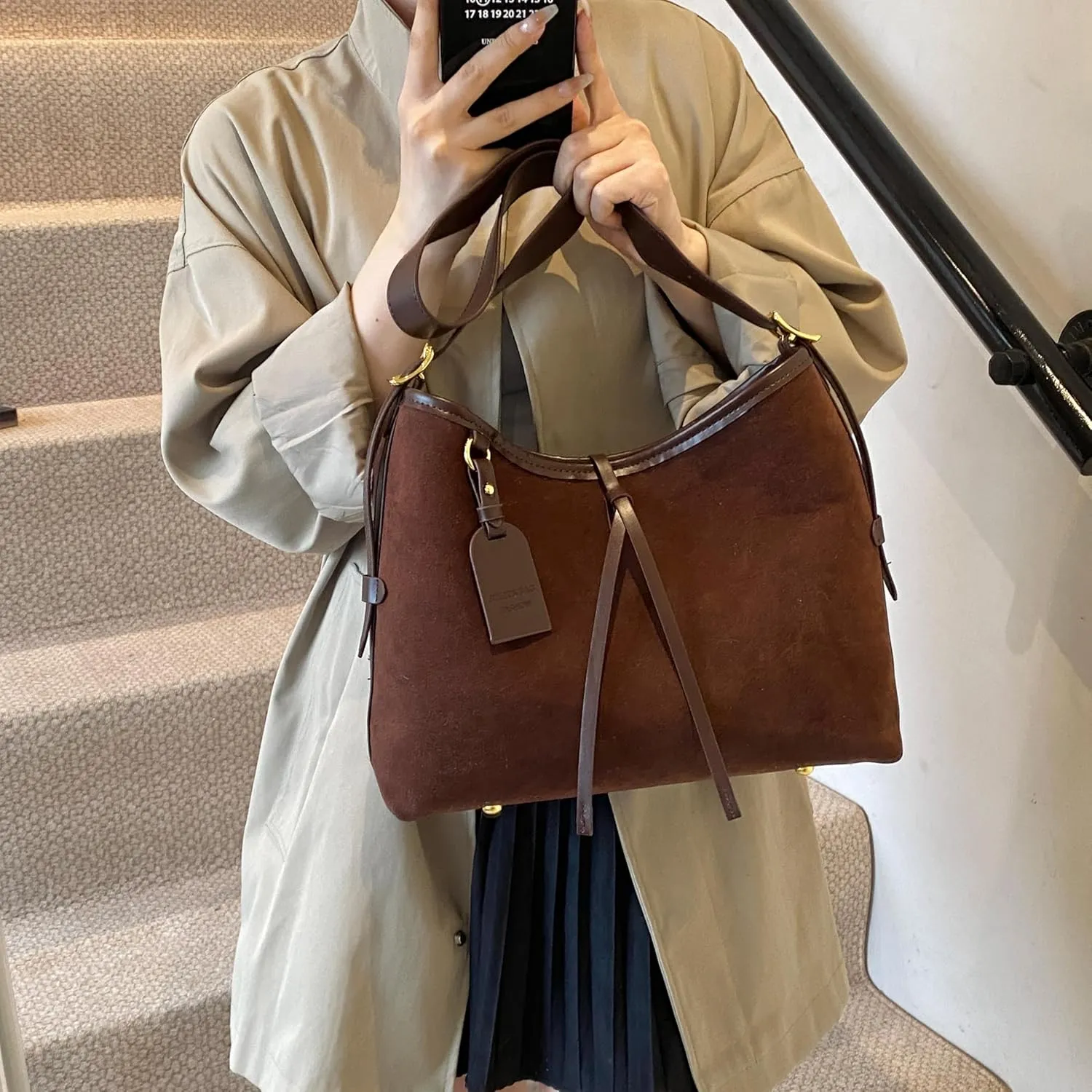 Faux Suede Tote Bag, Women's Slouchy Crossbody Shoulder Hobo Bag