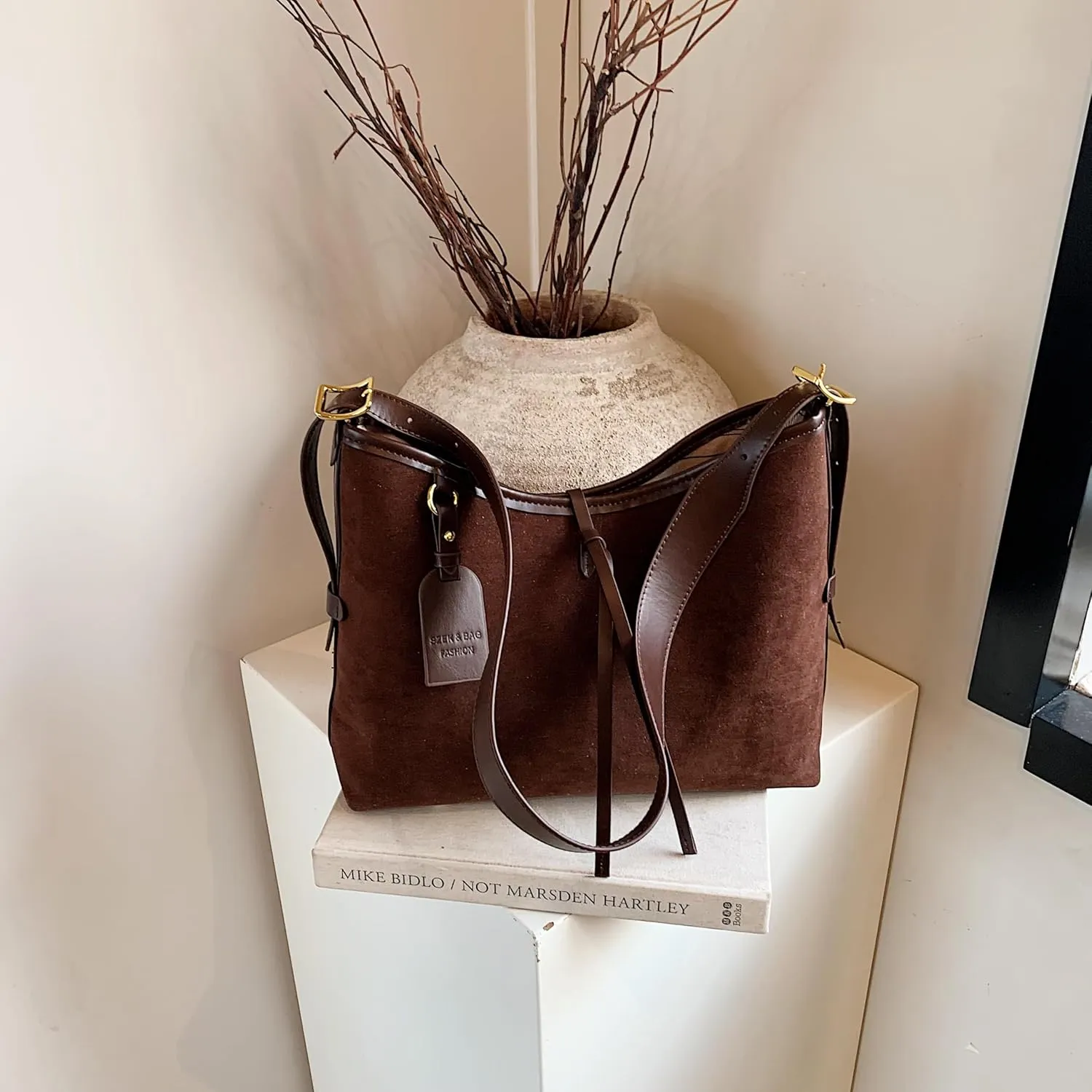 Faux Suede Tote Bag, Women's Slouchy Crossbody Shoulder Hobo Bag
