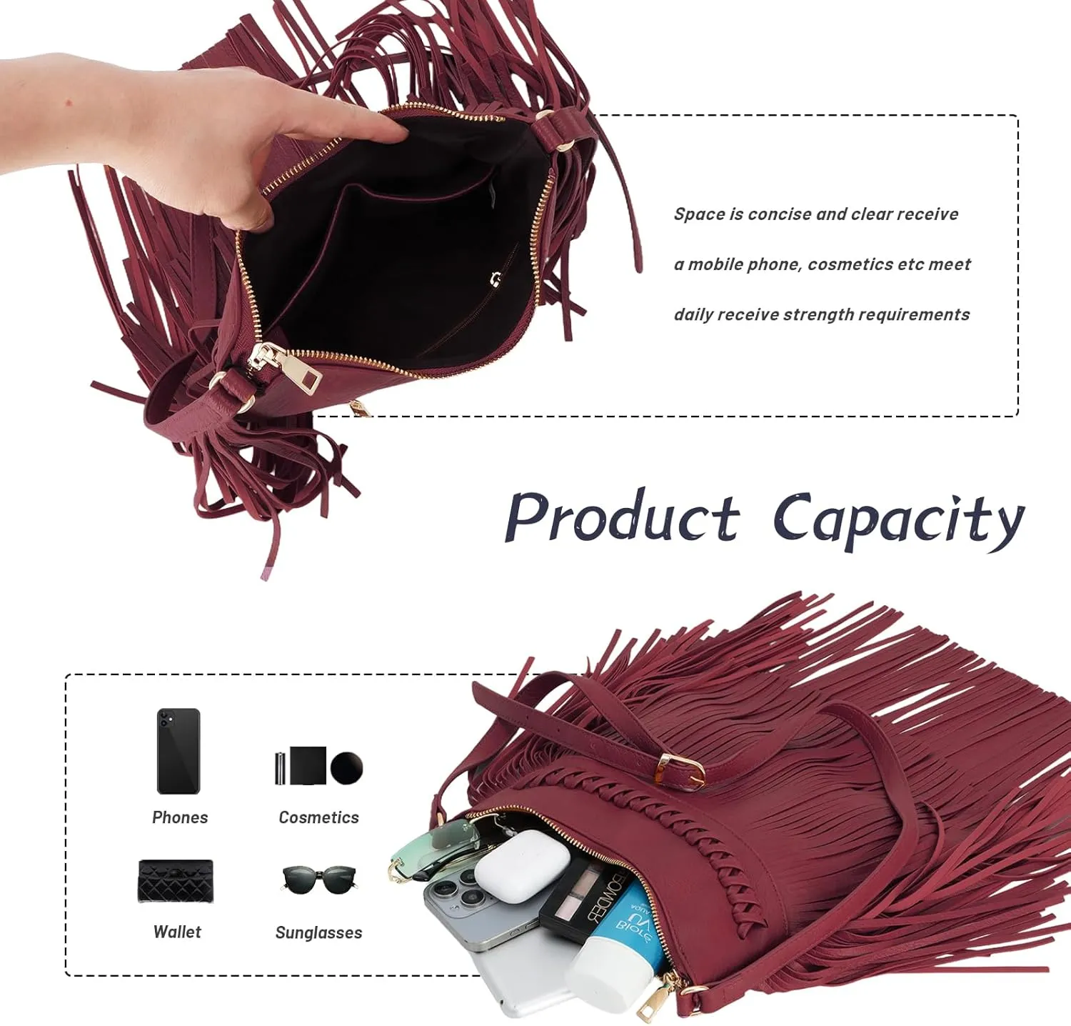 Fecialy Vintage Fringe hobo bags for Women PU Leather Tassel Crossbody Shoulder Bag Western Fringe Purse