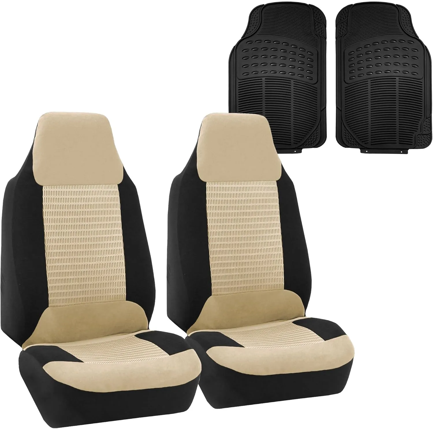 FH Group Car Seat Cover Front Set Beige Premium Fabric Cloth with Airbag Compatible - Van Seat Covers for Bucket Seats with Combo Vinyl Floor Mats, 1-Piece Universal Fit Car Seat Cover for SUV