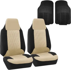 FH Group Car Seat Cover Front Set Beige Premium Fabric Cloth with Airbag Compatible - Van Seat Covers for Bucket Seats with Combo Vinyl Floor Mats, 1-Piece Universal Fit Car Seat Cover for SUV