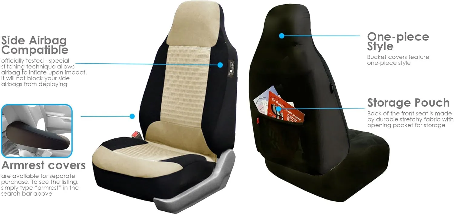 FH Group Car Seat Cover Front Set Beige Premium Fabric Cloth with Airbag Compatible - Van Seat Covers for Bucket Seats with Combo Vinyl Floor Mats, 1-Piece Universal Fit Car Seat Cover for SUV