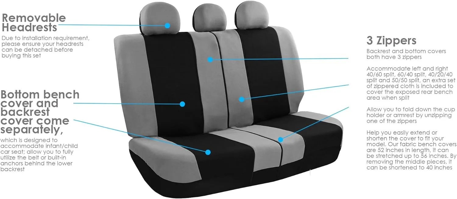 FH Group Light & Breezy Cloth Full Set Car Seat Covers (Gray/Black) Combo Set: Steering Wheel Cover, Seat Belt Pads and Black Vinyl Floor Mats – Universal Fit for Cars Trucks & SUVs