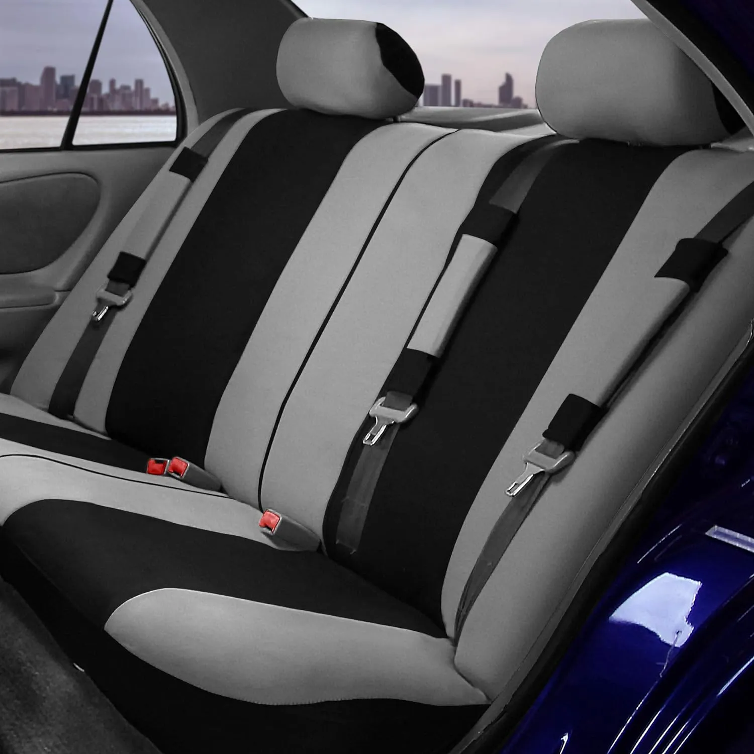 FH Group Light & Breezy Cloth Full Set Car Seat Covers (Gray/Black) Combo Set: Steering Wheel Cover, Seat Belt Pads and Black Vinyl Floor Mats – Universal Fit for Cars Trucks & SUVs