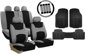 FH Group Light & Breezy Cloth Full Set Car Seat Covers (Gray/Black) Combo Set: Steering Wheel Cover, Seat Belt Pads and Black Vinyl Floor Mats – Universal Fit for Cars Trucks & SUVs
