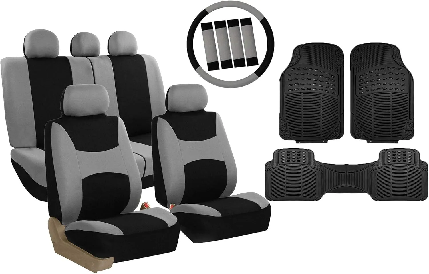 FH Group Light & Breezy Cloth Full Set Car Seat Covers (Gray/Black) Combo Set: Steering Wheel Cover, Seat Belt Pads and Black Vinyl Floor Mats – Universal Fit for Cars Trucks & SUVs