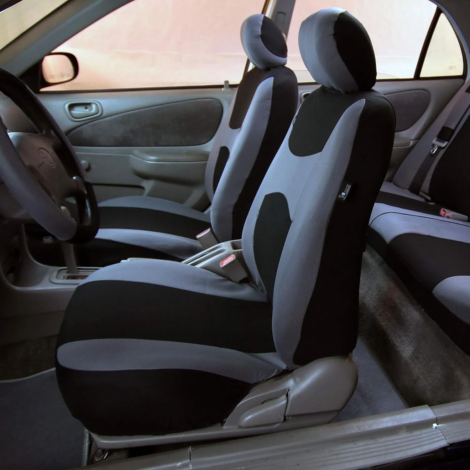 FH Group Light & Breezy Cloth Full Set Car Seat Covers (Gray/Black) Combo Set: Steering Wheel Cover, Seat Belt Pads and Black Vinyl Floor Mats – Universal Fit for Cars Trucks & SUVs