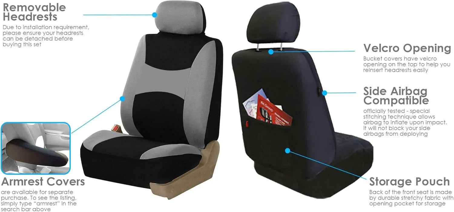 FH Group Light & Breezy Cloth Full Set Car Seat Covers (Gray/Black) Combo Set: Steering Wheel Cover, Seat Belt Pads and Black Vinyl Floor Mats – Universal Fit for Cars Trucks & SUVs