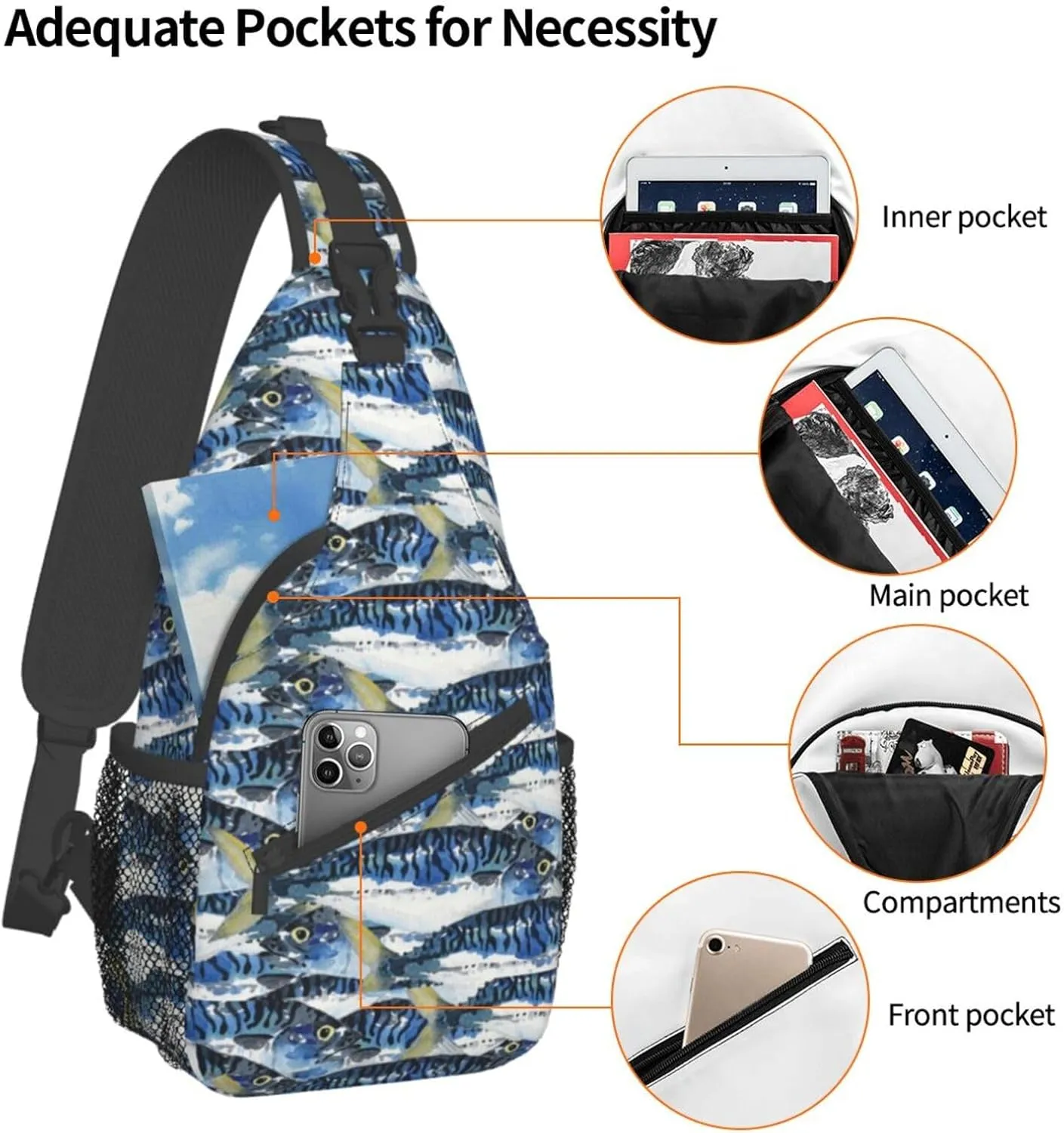 Fish Sling Backpack Chest Bag Crossbody Shoulder Bag Gym Cycling Travel Hiking Daypack For Men Women