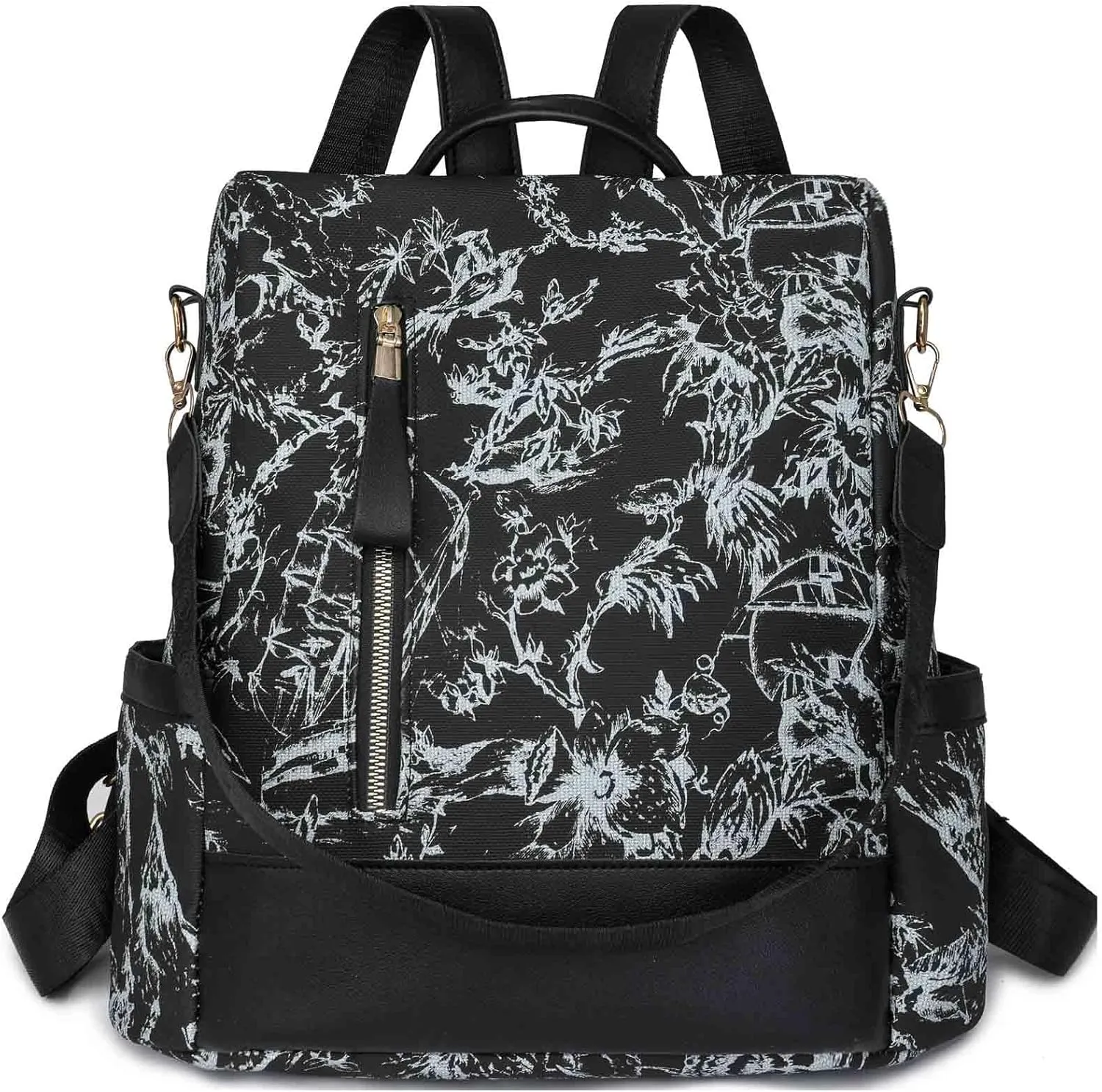 Flower Pattern Women Backpack Ladies Shoulder Bag Convertible Anti Theft Daypack Satchel Bag PU Leather (Black)