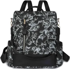 Flower Pattern Women Backpack Ladies Shoulder Bag Convertible Anti Theft Daypack Satchel Bag PU Leather (Black)