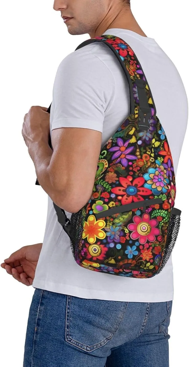 Flower Sling Backpack Chest Bag Crossbody Shoulder Bag Gym Cycling Travel Hiking Daypack For Men Women