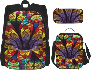Flower Stained Glass Print Versatile Adjustable Shoulder Fashion Backpack Lunch Bag Pencil Case Large Capacity
