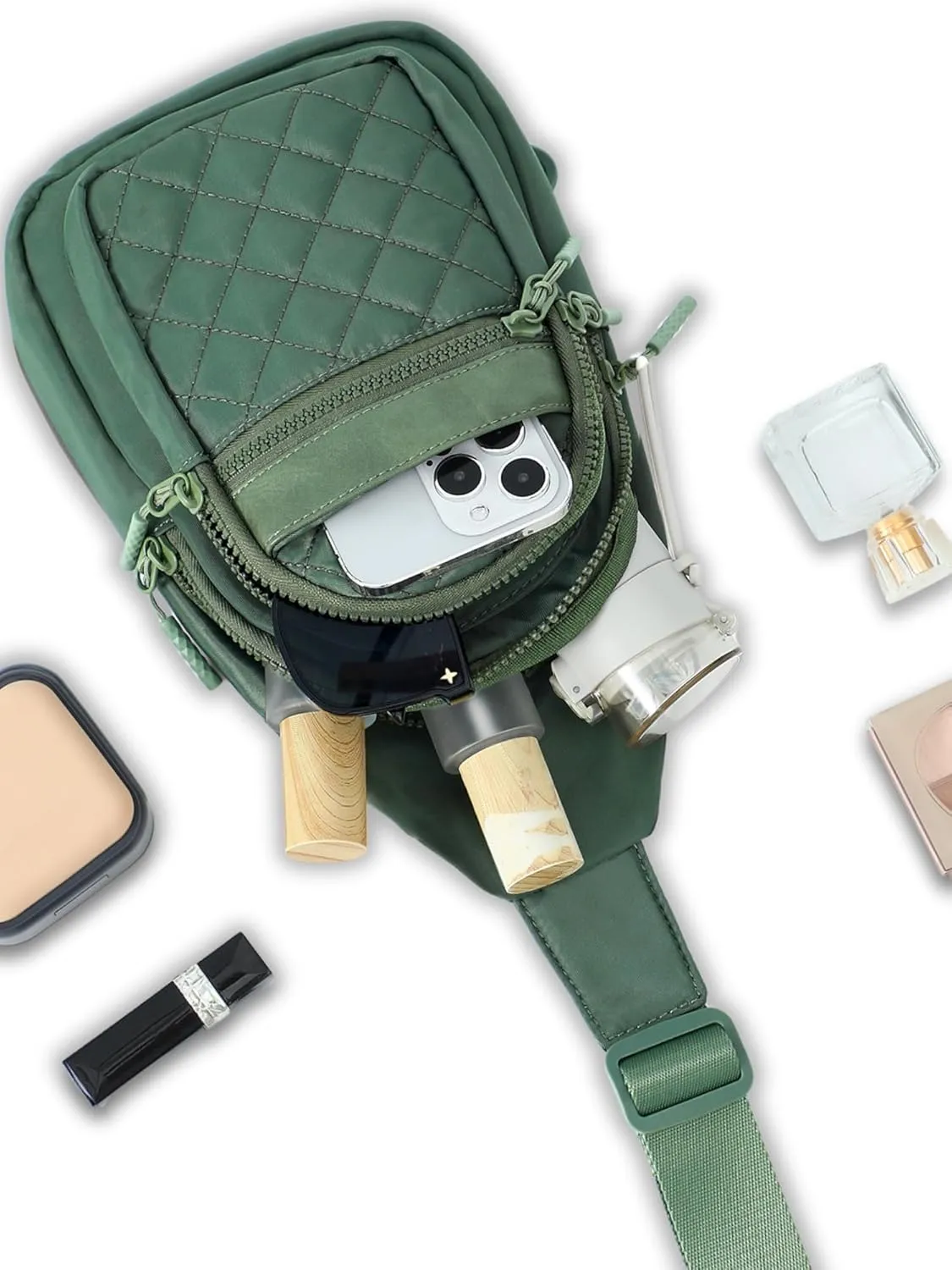 FORZAROCKET Sling Bag Double Compartment w/Long Strap 66" - Crossbody Bag w/Extended Strap - Women Men Fanny Pack - Two-Way Durable Zipper - Compact Sling Backpack - Plus Size Friendly, Green Quilted