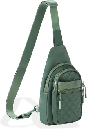FORZAROCKET Sling Bag Double Compartment w/Long Strap 66" - Crossbody Bag w/Extended Strap - Women Men Fanny Pack - Two-Way Durable Zipper - Compact Sling Backpack - Plus Size Friendly, Green Quilted