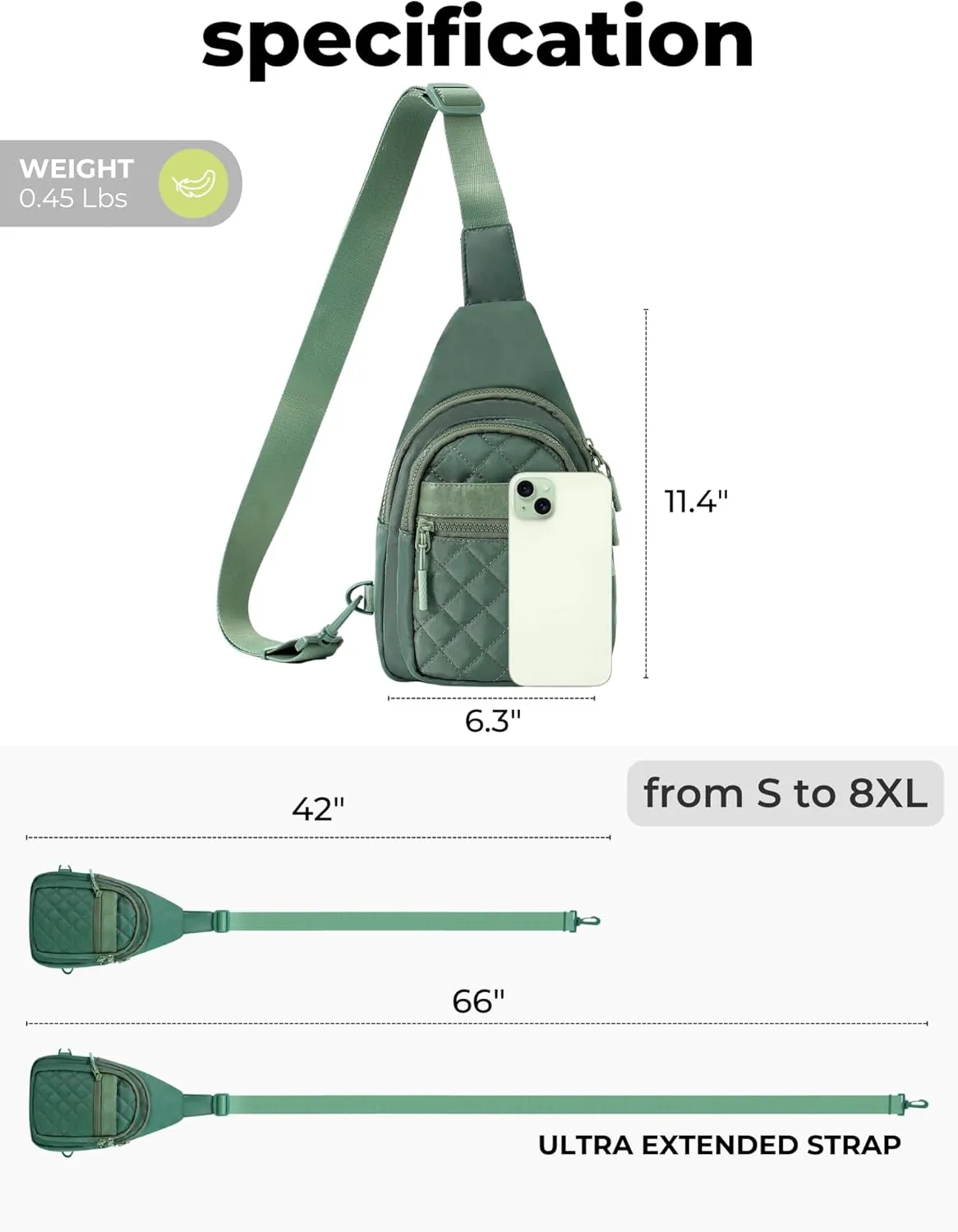 FORZAROCKET Sling Bag Double Compartment w/Long Strap 66" - Crossbody Bag w/Extended Strap - Women Men Fanny Pack - Two-Way Durable Zipper - Compact Sling Backpack - Plus Size Friendly, Green Quilted