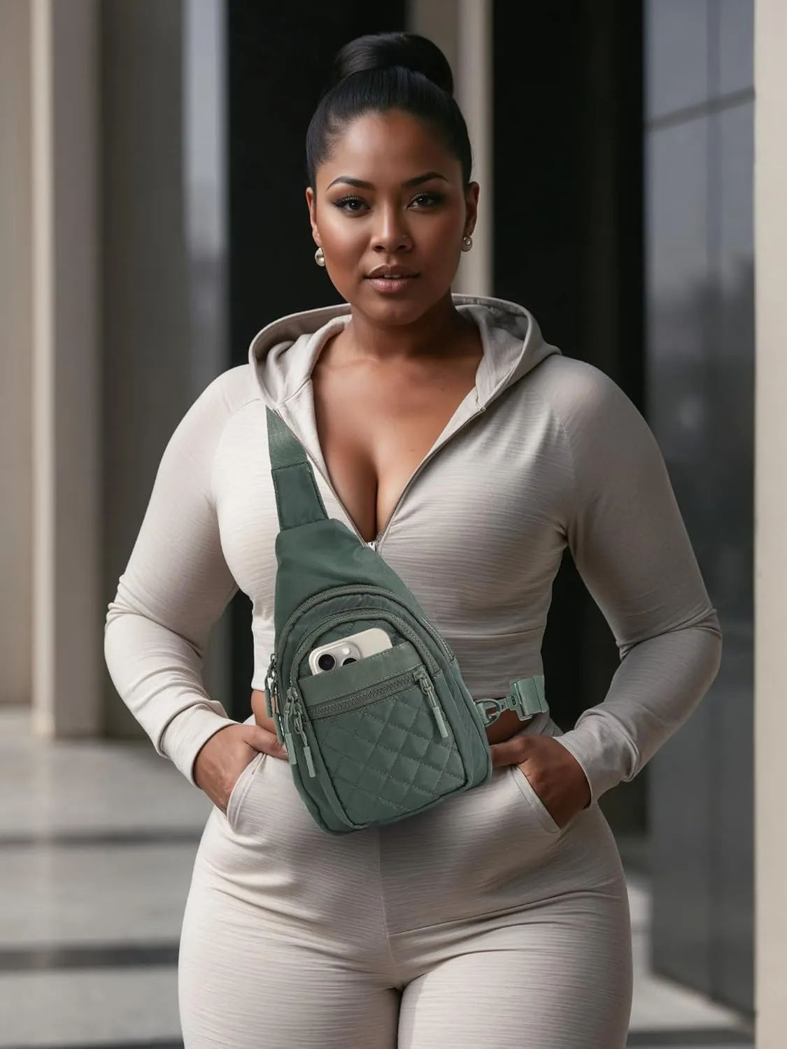 FORZAROCKET Sling Bag Double Compartment w/Long Strap 66" - Crossbody Bag w/Extended Strap - Women Men Fanny Pack - Two-Way Durable Zipper - Compact Sling Backpack - Plus Size Friendly, Green Quilted
