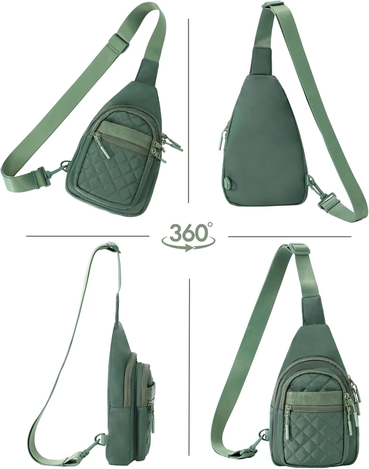 FORZAROCKET Sling Bag Double Compartment w/Long Strap 66" - Crossbody Bag w/Extended Strap - Women Men Fanny Pack - Two-Way Durable Zipper - Compact Sling Backpack - Plus Size Friendly, Green Quilted