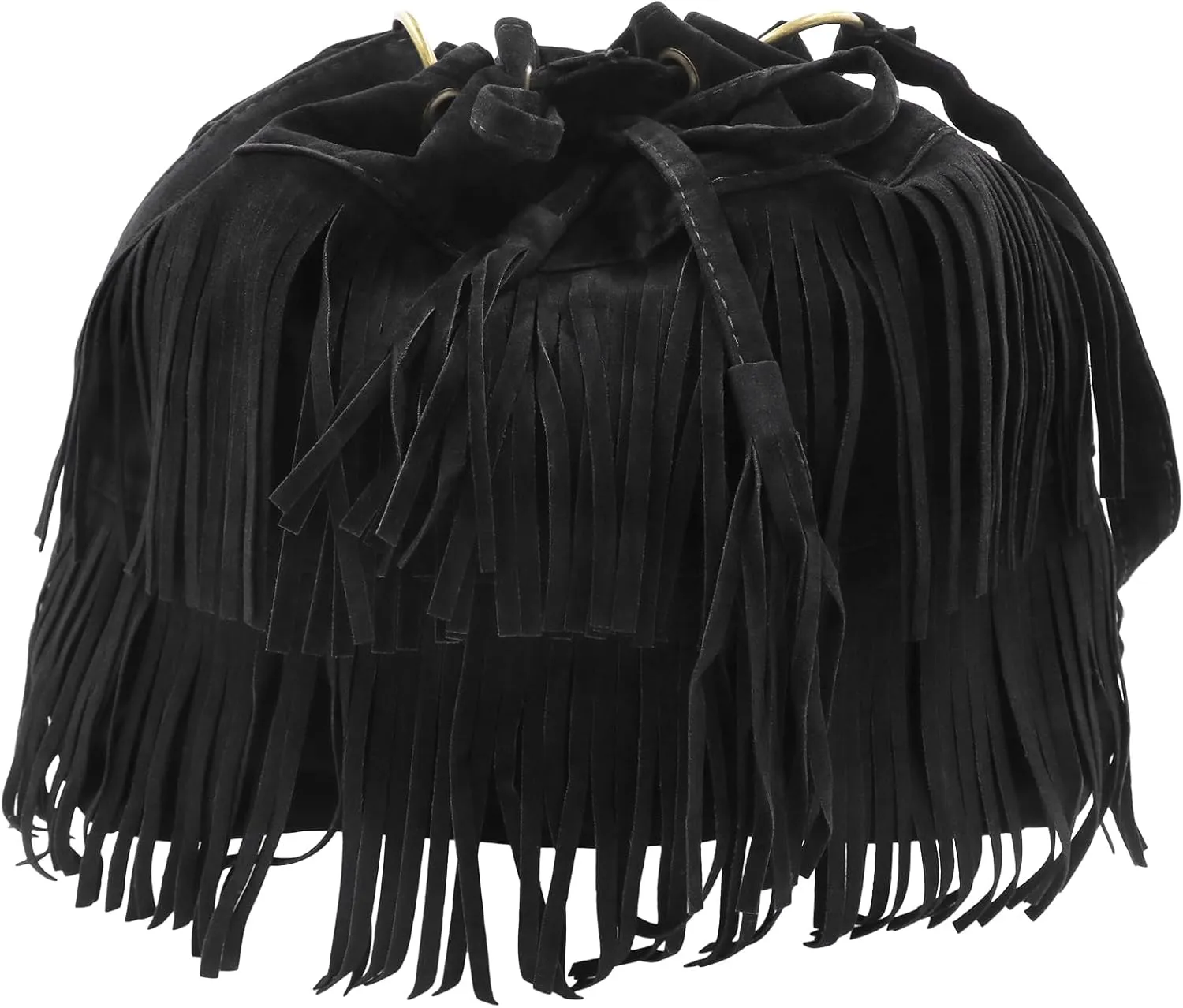 Fringe Hobo Purse Bags for Women Crossbody Purses with Drawstring Ladies Tassel Tote Shoulder Bucket Handbags,Black