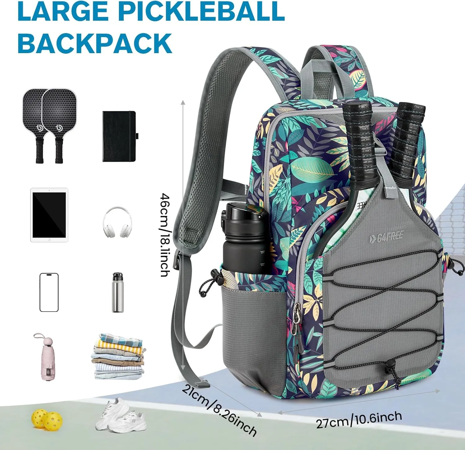 G4Free Pickleball Bag, Pickleball Backpack for Women and Men, Padel Bag Fits 2 to 4 Paddles, Gifts for Pickleball Lovers