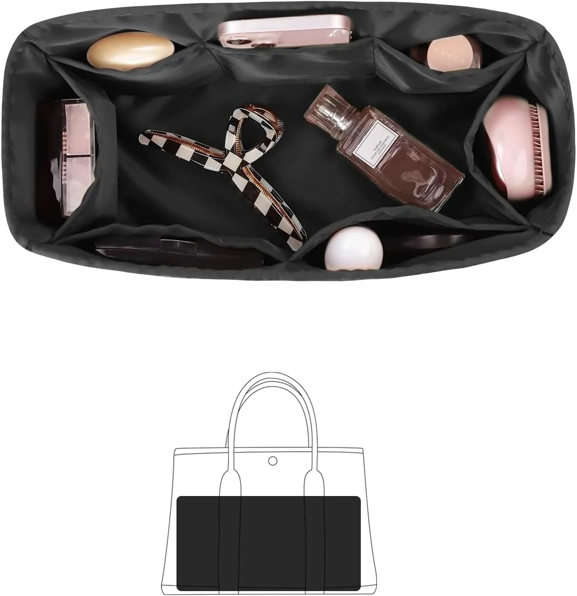 Garden Party 36 Insert, Tote Bag Organizer Compatible with Hermes Garden Bags, Silk Smooth Tote Bag Insert with Multiple Pockets for Storage (Black, GP36)