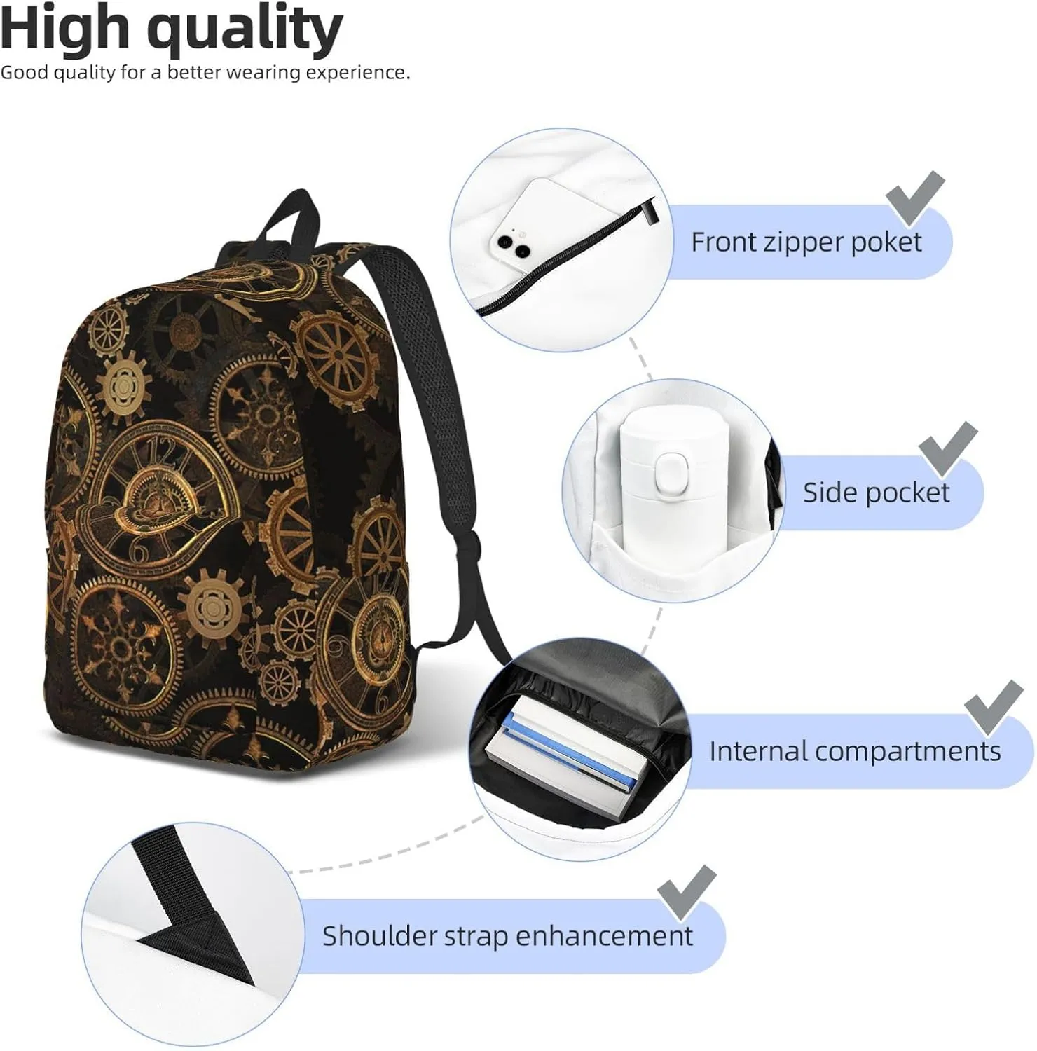Gears Clock Bronze Century Canvas Backpack Laptop Travel Bag, Anti-Water and Ergonomic Straps for College Business Work