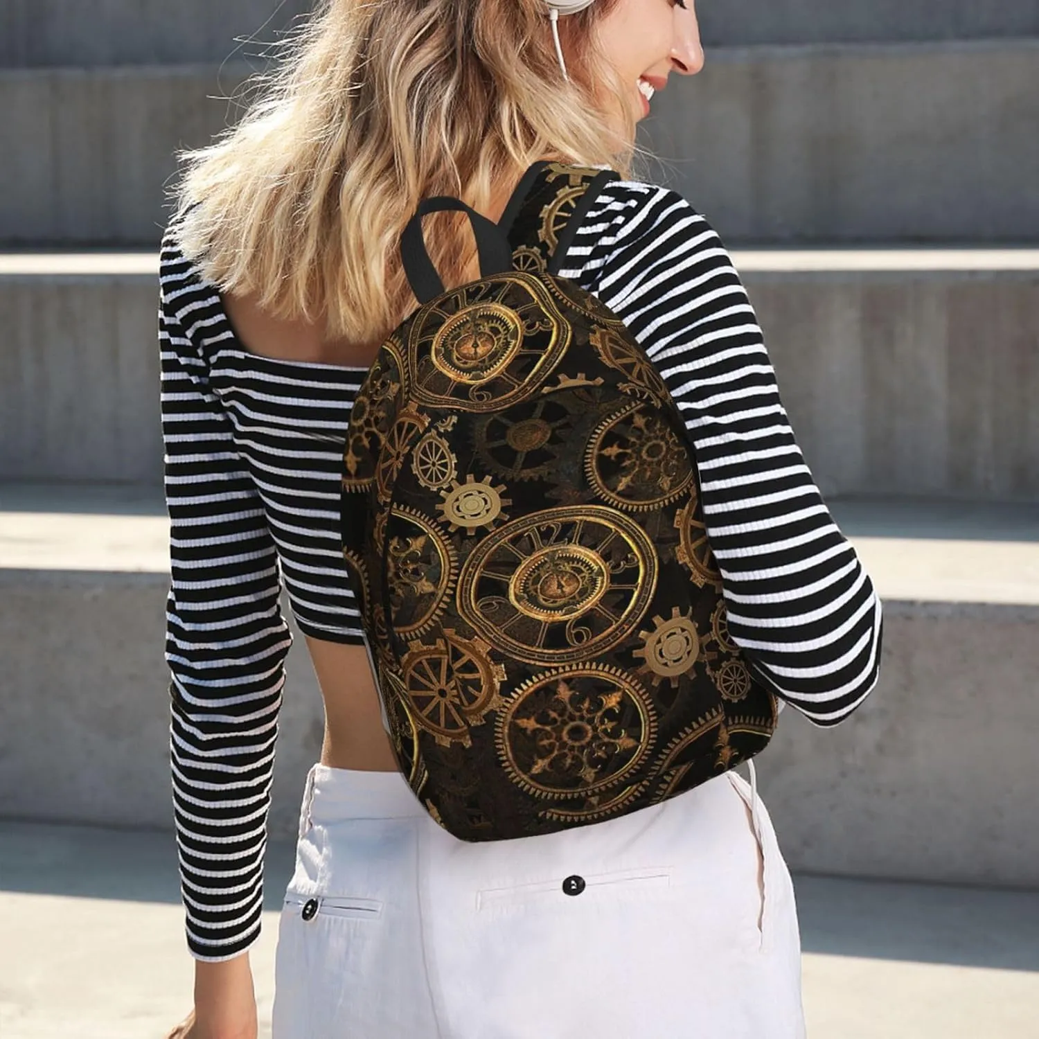 Gears Clock Bronze Century Canvas Backpack Laptop Travel Bag, Anti-Water and Ergonomic Straps for College Business Work