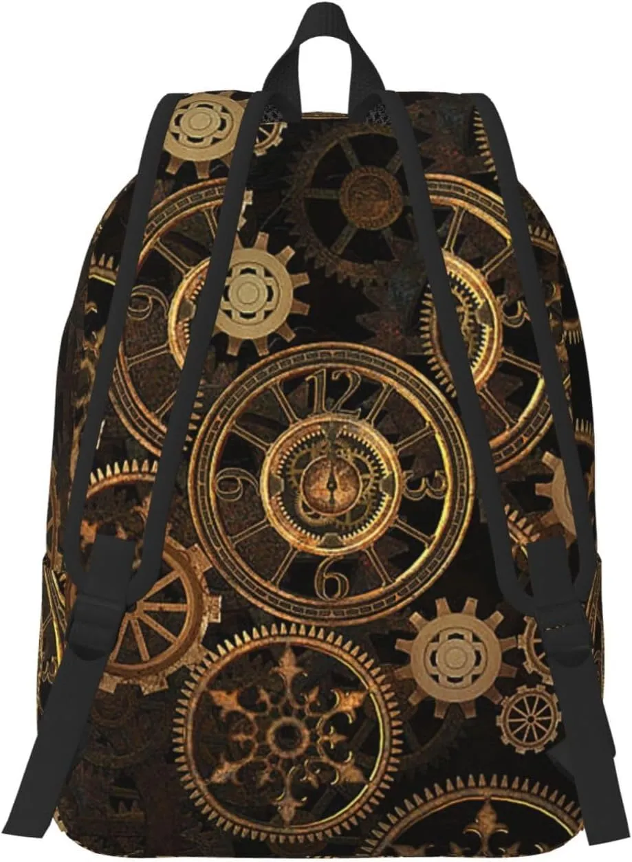 Gears Clock Bronze Century Canvas Backpack Laptop Travel Bag, Anti-Water and Ergonomic Straps for College Business Work