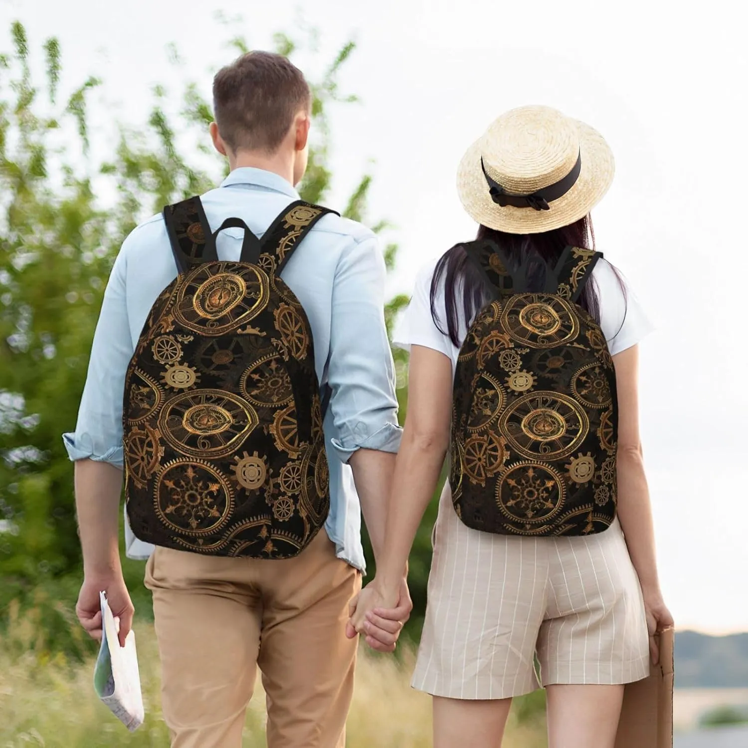 Gears Clock Bronze Century Canvas Backpack Laptop Travel Bag, Anti-Water and Ergonomic Straps for College Business Work