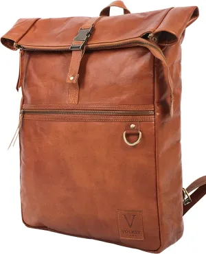 Genuine Leather Backpack for Men, Large Roll Top Backpack, Laptop Bookbag, Roll On Vintage Rucksack for College, Work & Travel, Brown, X-Large - 17.3 Inch