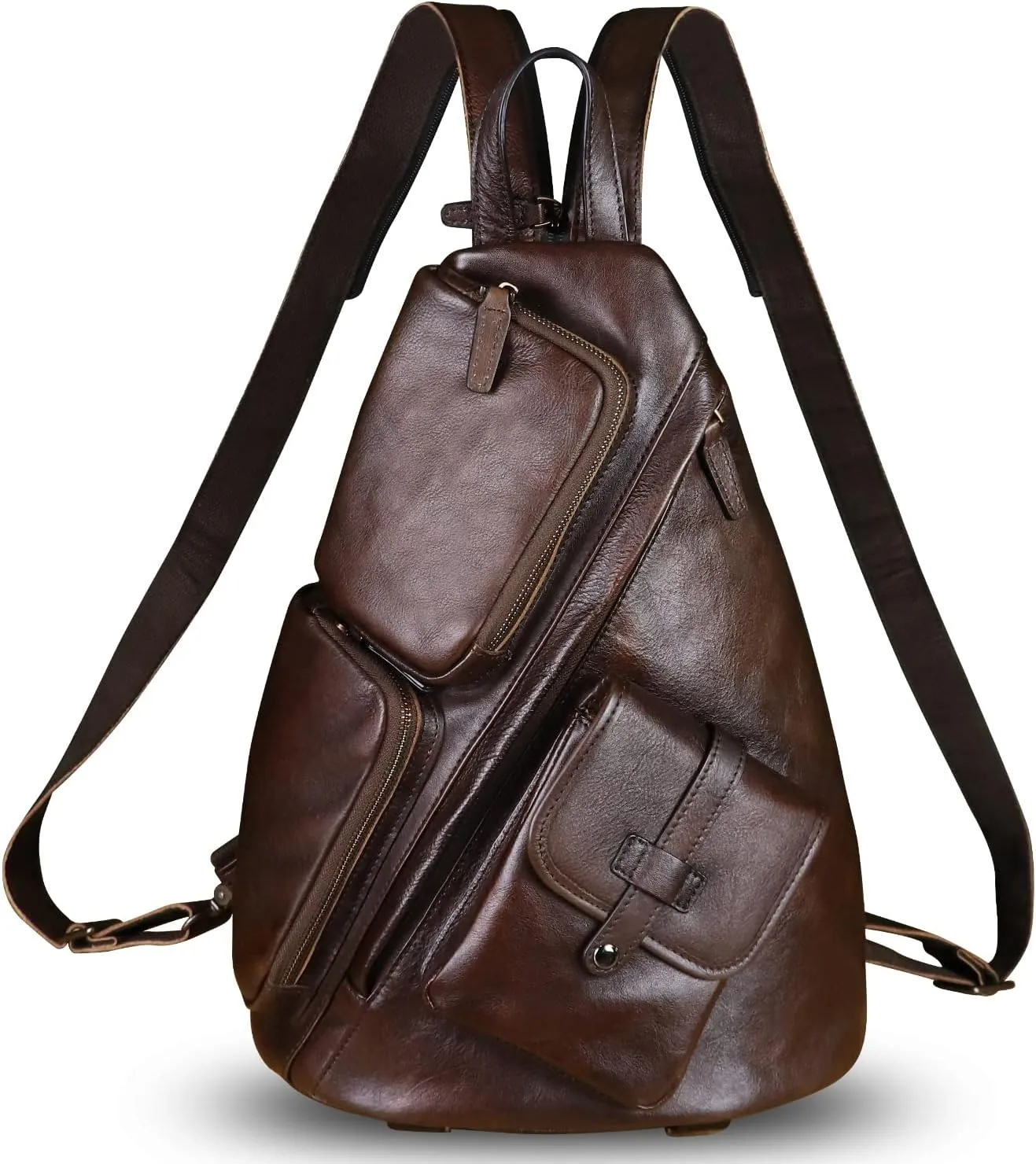 Genuine Leather Large Sling Bag for Men and Women Large Sling Backpack Purse Shoulder Crossbody Chest Bag for Ipad (Coffee)