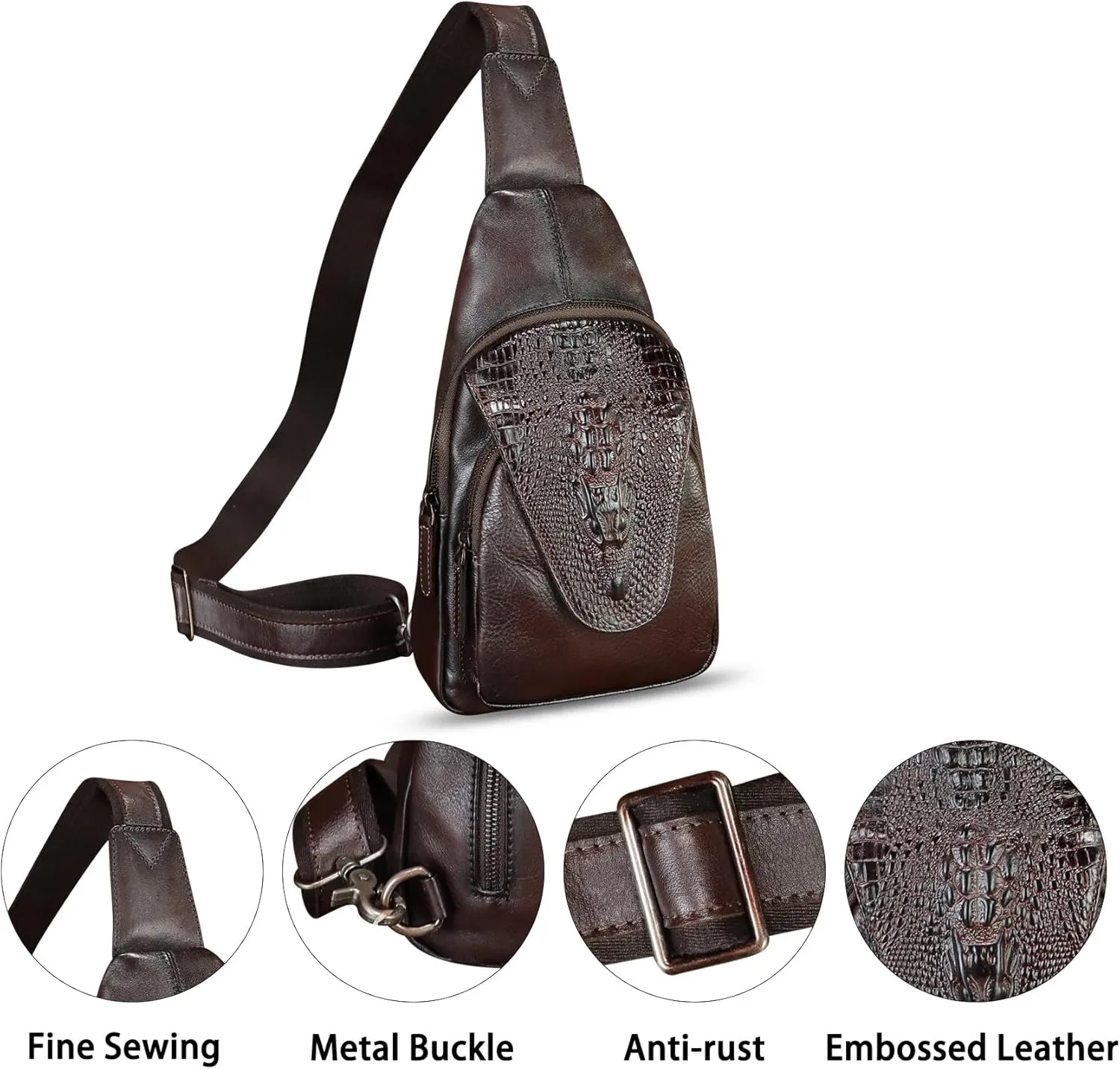 Genuine Leather Silng Bag for Men and Women Embossed Crocodile Leather Sling Backpack Chest Crossbody Bag