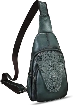 Genuine Leather Silng Bag for Men and Women Embossed Crocodile Leather Sling Backpack Chest Crossbody Bag