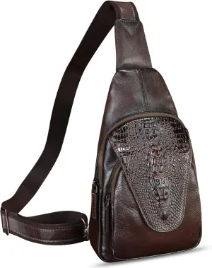 Genuine Leather Silng Bag for Men and Women Embossed Crocodile Leather Sling Backpack Chest Crossbody Bag