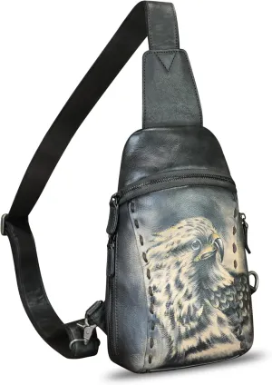 Genuine Leather Sling Bag Hand Painted Crossbody Backpack Retro Handmade Chest Shoulder Daypack Fanny Pack Purse