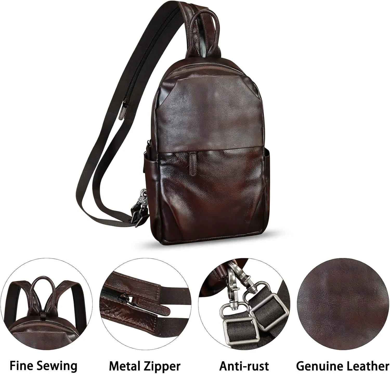 Genuine Leather Sling Bag Retro Crossbody Sling Backpack Handmade Chest Vintage Shoulder Daypack Purse Fanny Pack (Coffee)