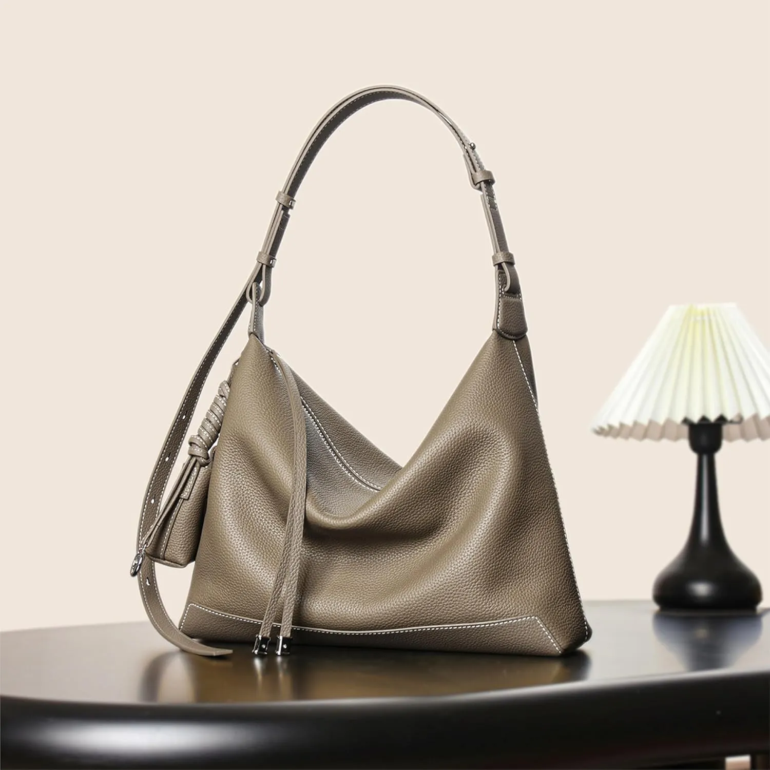 Genuine Leather Slouchy Hobo Bags for Women Purse with Mini Pouch Adjustable Shoulder Straps Work Travel