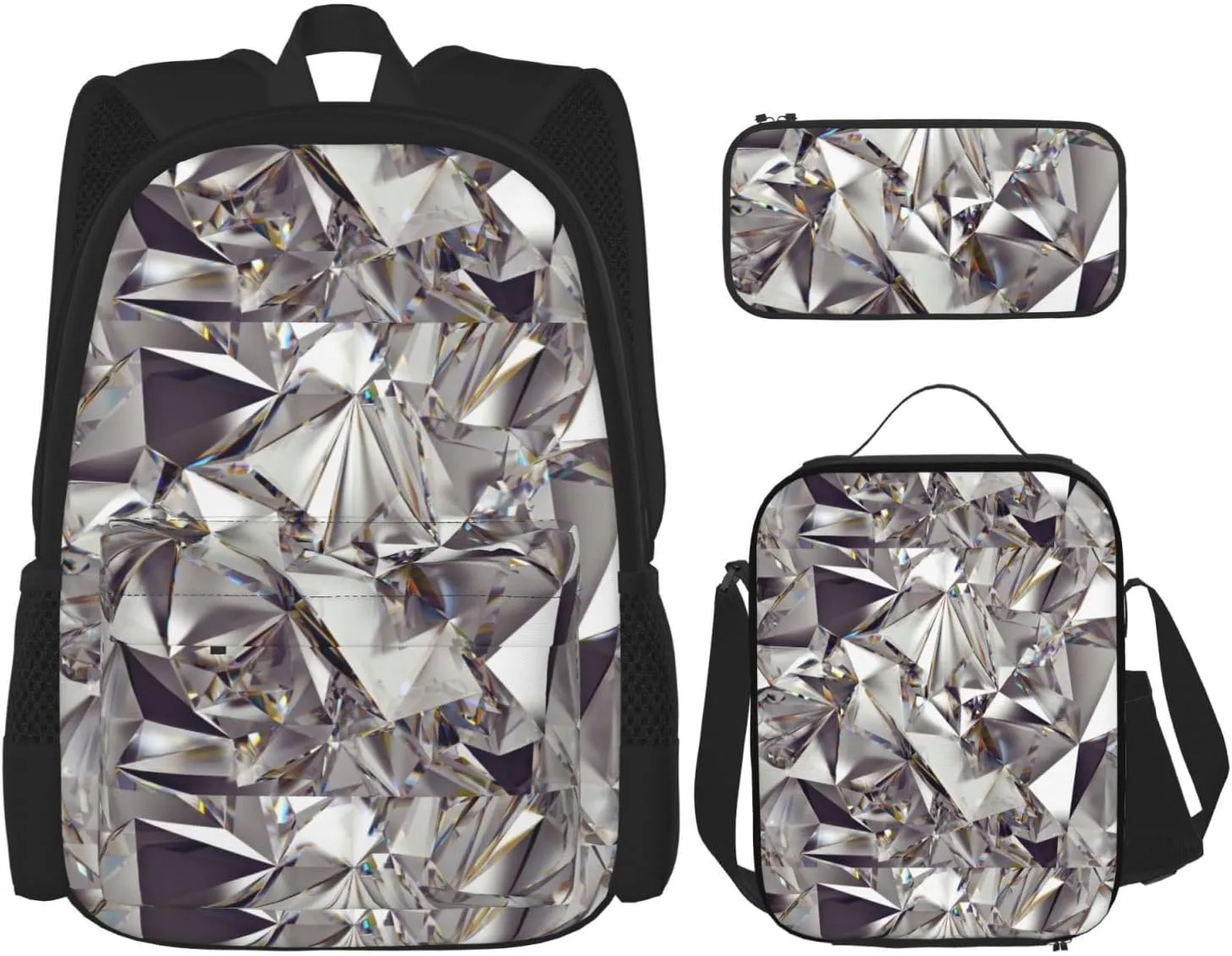 Glitter Abstract Diamond Crystal Pattern Print Versatile Adjustable Shoulder Fashion Backpack Lunch Bag Pencil Case Large Capacity