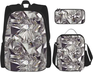 Glitter Abstract Diamond Crystal Pattern Print Versatile Adjustable Shoulder Fashion Backpack Lunch Bag Pencil Case Large Capacity